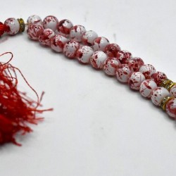 White & Red Marble Tasbih – 33 Beads (10mm) Islamic Prayer Beads