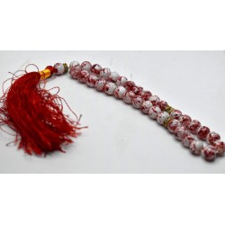 White & Red Marble Tasbih – 33 Beads (10mm) Islamic Prayer Beads