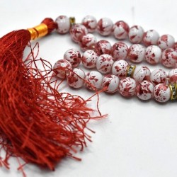 White & Red Marble Tasbih – 33 Beads (10mm) Islamic Prayer Beads