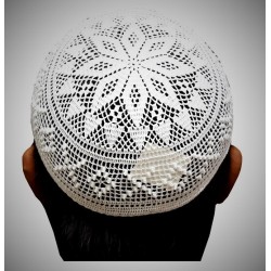 Prayer Cotton Knit Cap – White Flower | سفید پھولوں والی کاٹن نٹ نماز کی ٹوپی