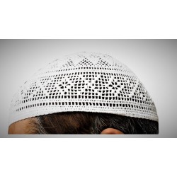 Prayer Cotton Handmade Knit Cap – White Flower | سفید پھولوں والی کاٹن نٹ نماز کی ٹوپی