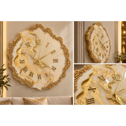 Luxury Beige & Gold Resin Art Wall Clock – Marble Effect with Roman Numerals