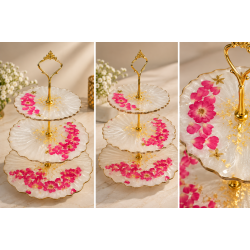 Luxury 3-Tier Resin Cake Stand with Pink Flowers & Gold Accents