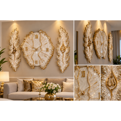 Luxury Resin Art Islamic Wall Clock Set with Allah & Muhammad ﷺ Calligraphy – Gold & White Decorative Wall Décor