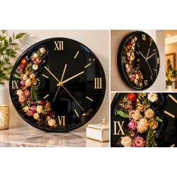 Luxury Black Resin Wall Clock with Preserved Flowers & Gold Roman Numerals