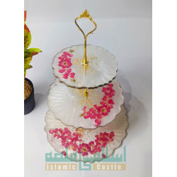 Luxury 3-Tier Resin Cake Stand with Pink Flowers & Gold Accents