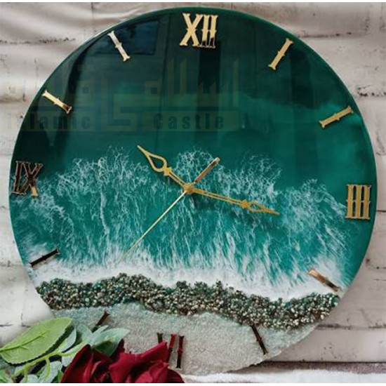 Ocean Wave Resin Wall Clock with Gold Roman Numerals – Handmade Epoxy Resin Art