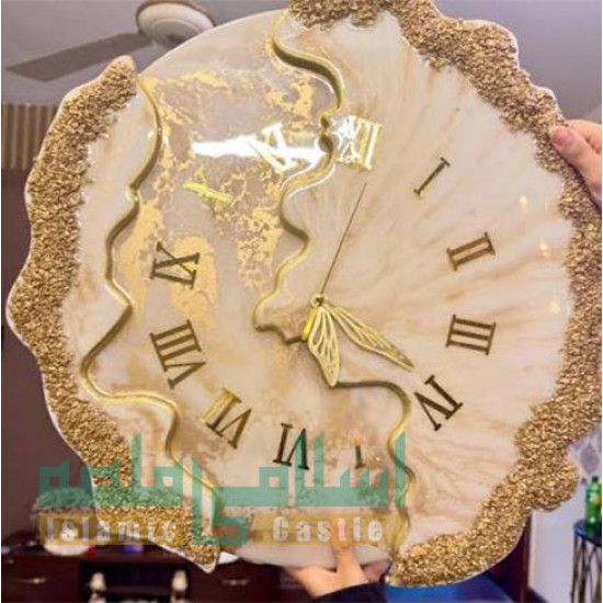 Luxury Beige & Gold Resin Art Wall Clock – Marble Effect with Roman Numerals
