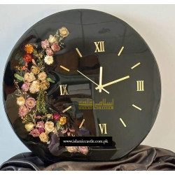 Luxury Black Resin Wall Clock with Preserved Flowers & Gold Roman Numerals