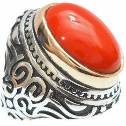Men’s Natural Red Coral Marjan Ring in Silver – Quranic Stone for Strength & Vitality