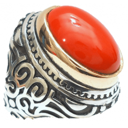 Men’s Natural Red Coral Marjan Ring in Silver – Quranic Stone for Strength & Vitality