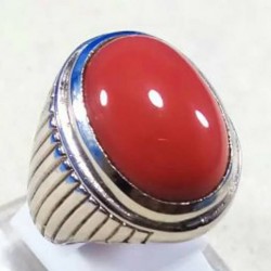Natural Red Coral Marjan Oval Ring in Pure Silver – Quranic Stone of Energy & Protection