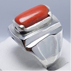 Natural Dark Red Coral (Marjan) Capsule-Shaped Ring in Silver – Quranic Stone for Healing & Strength