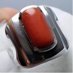Natural Dark Red Coral (Marjan) Capsule-Shaped Ring in Silver – Quranic Stone for Healing & Strength