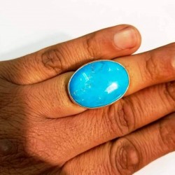 Antique Pure Silver Ring with Large Natural Turquoise (Feroza) Stone – Islamic Design