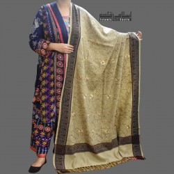 Women's Khaki Woolen Shawl with Embroidered Corners and Acro Border