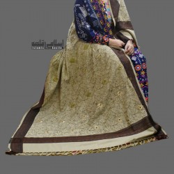 Women's Khaki Woolen Shawl with Embroidered Corners and Acro Border