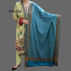 Women's Turquoise Blue Woolen Shawl with All Border Embroidery and Acro Design