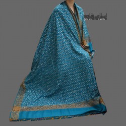 Women's Turquoise Blue Woolen Shawl with All Border Embroidery and Acro Design